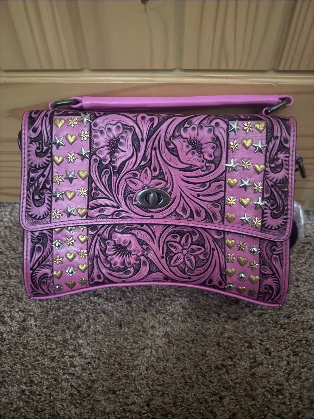 Pink Floral Tooled Crossbody Bag with Stud Accents